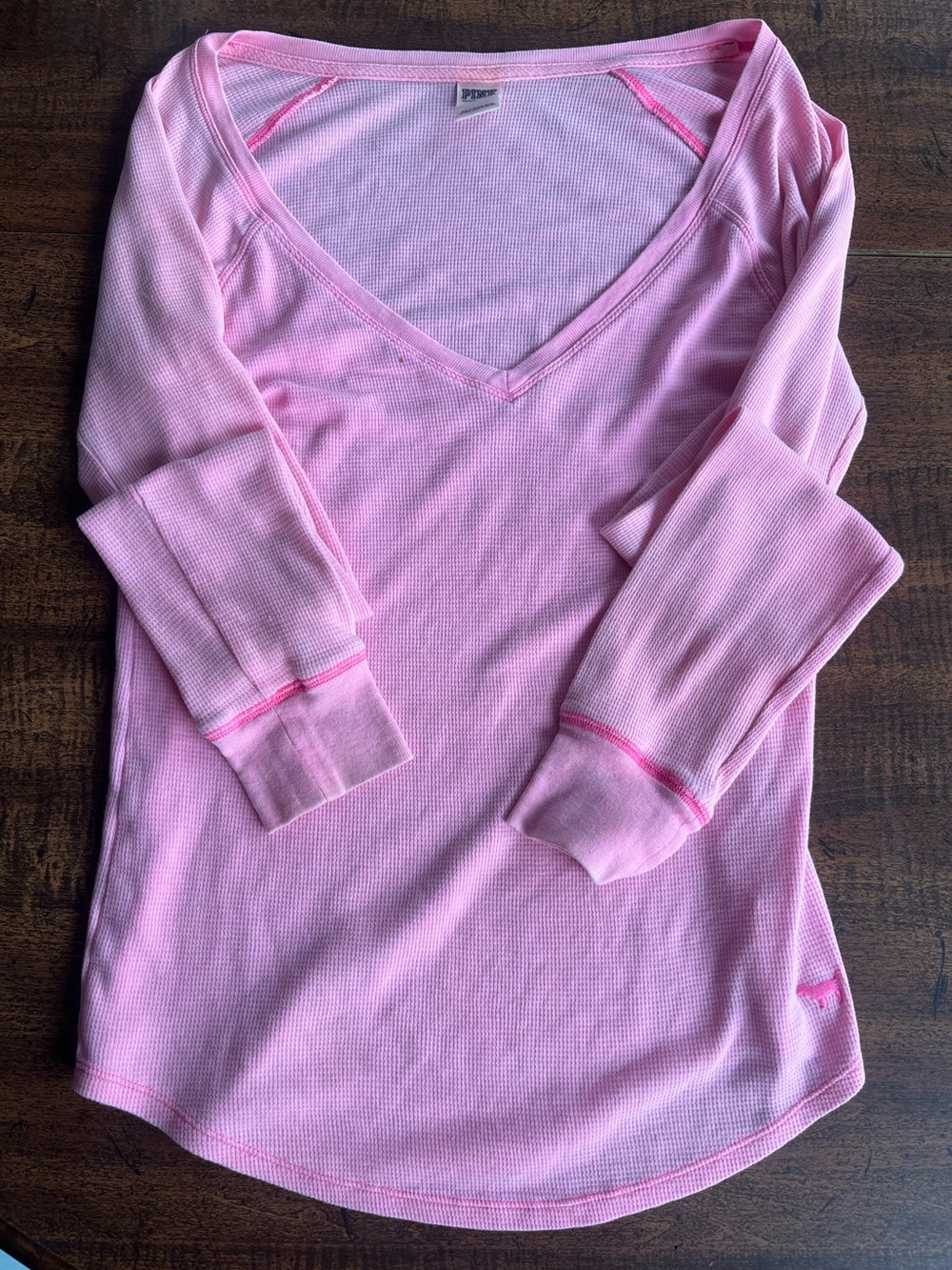 Y2K Victoria’s Secret PINK Thermal V Neck Top Pink Waffle Knit XS Long Sleeve
